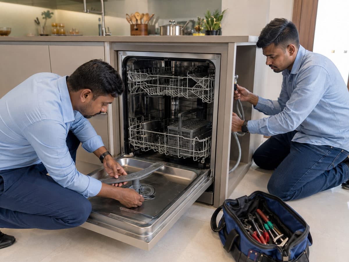 NK Enterprise technicians servicing a dishwasher in Ahmedabad