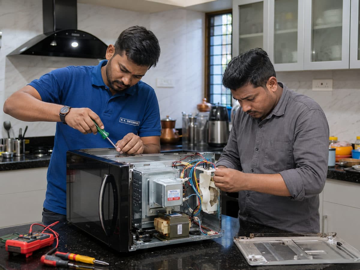 NK Enterprise technicians repairing a microwave oven in Ahmedabad